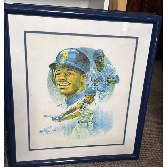 Griffey Jr Autographed Litho On Felt Signed By Artist. With Cert. Framed 22x24